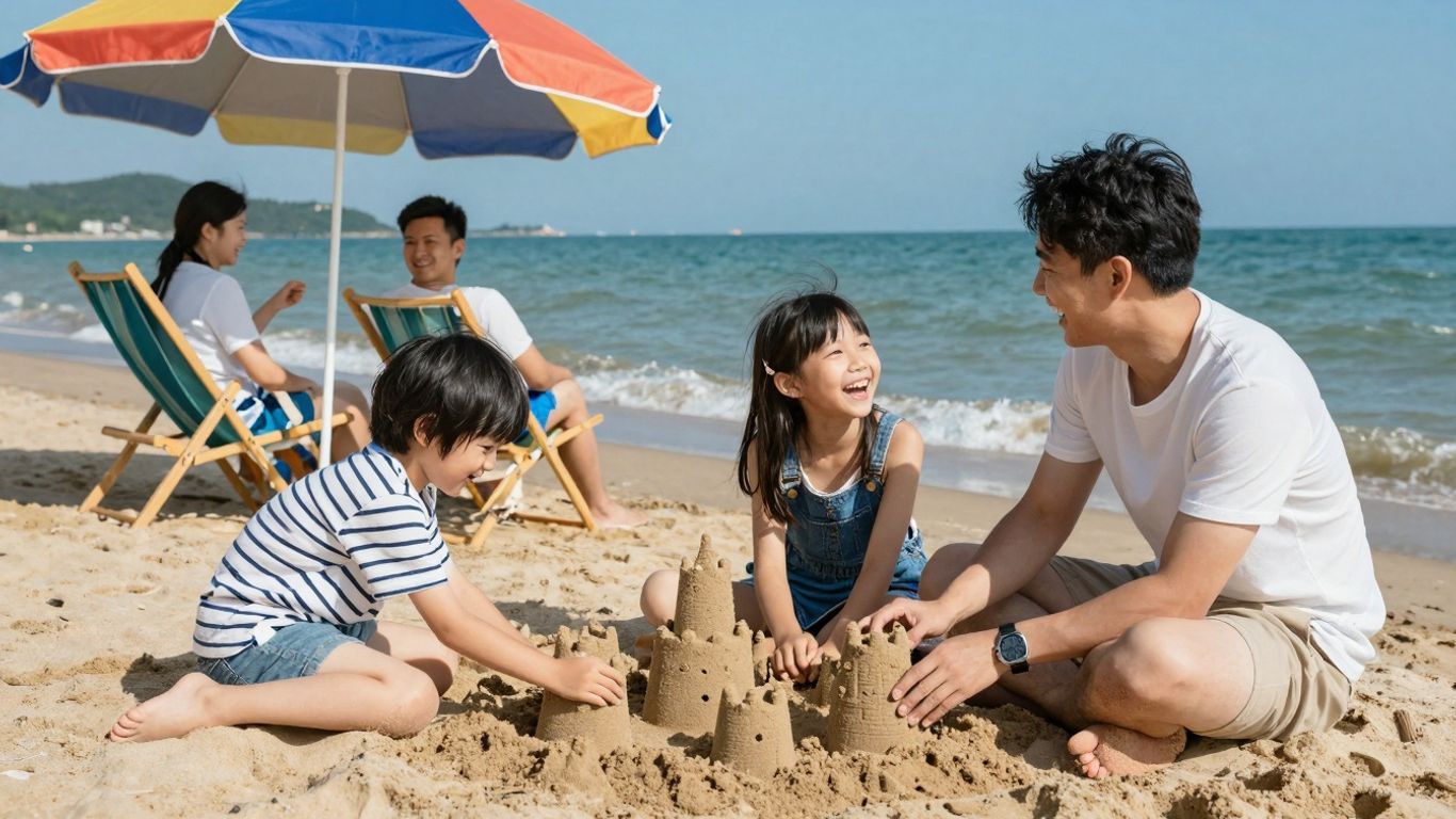 Family enjoying a sunny beach vacation.