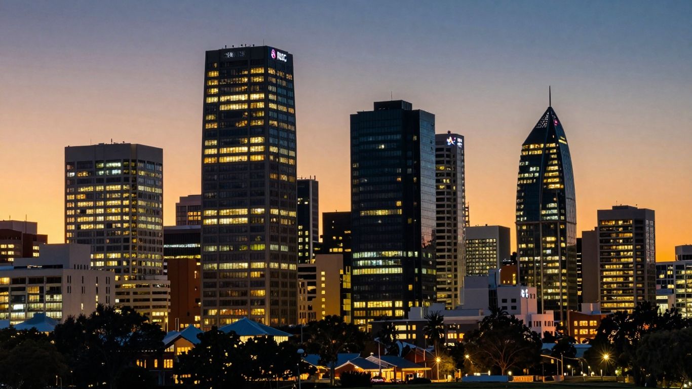 Perth cityscape at dusk with illuminated modern buildings.