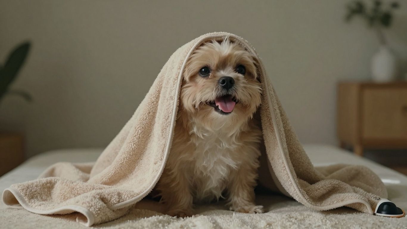 Dog wrapped in a warm towel after grooming.