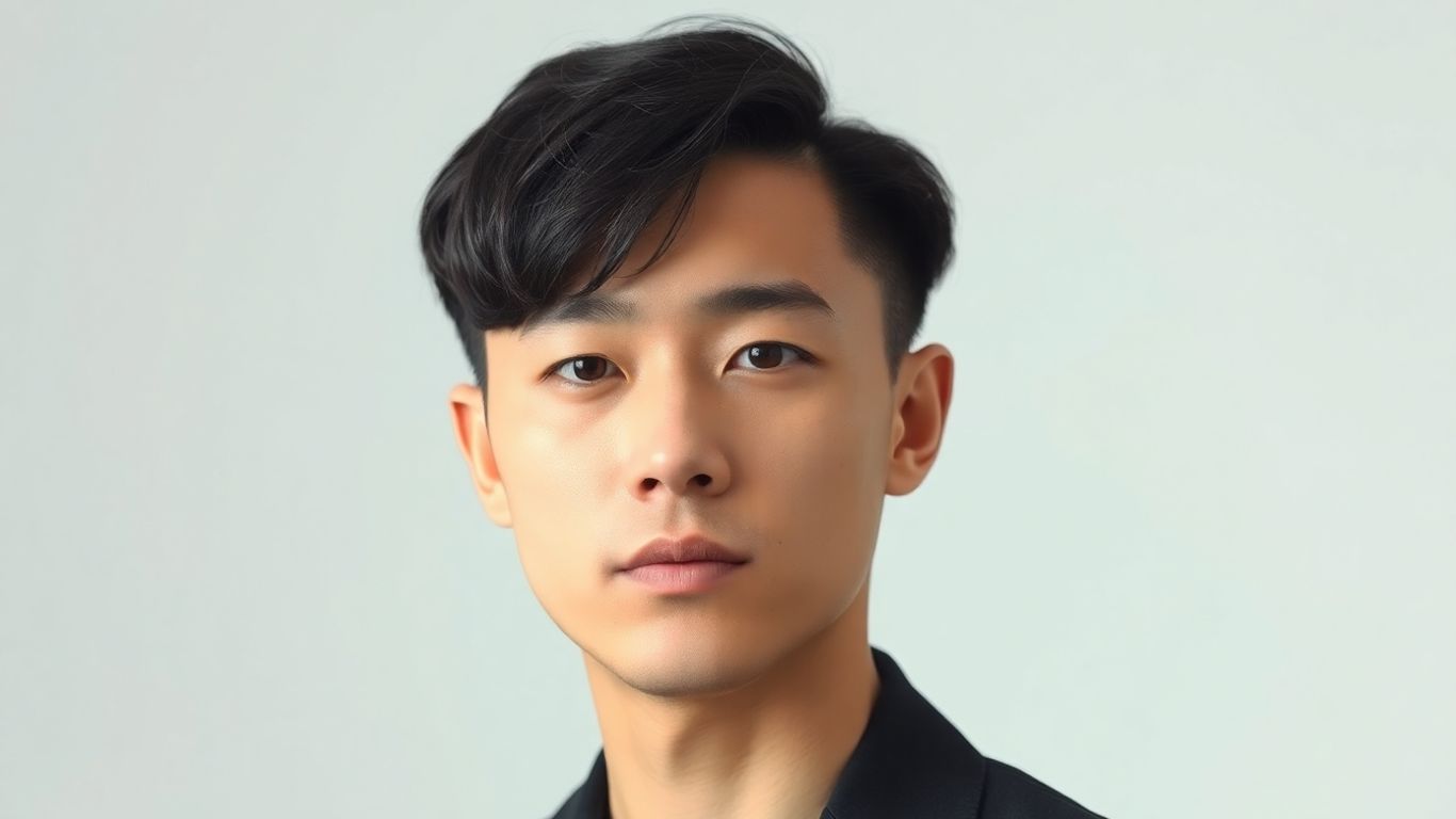 Man with center part Korean hairstyle, long sides, clean look.