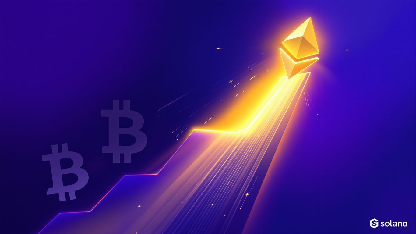 Ethereum symbol rising above Bitcoin and Solana symbols.