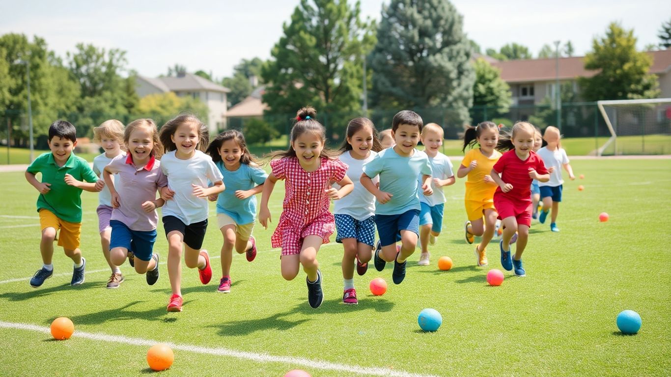 Grundschulkinder spielen fröhlich im Freien mit bunten Bällen.