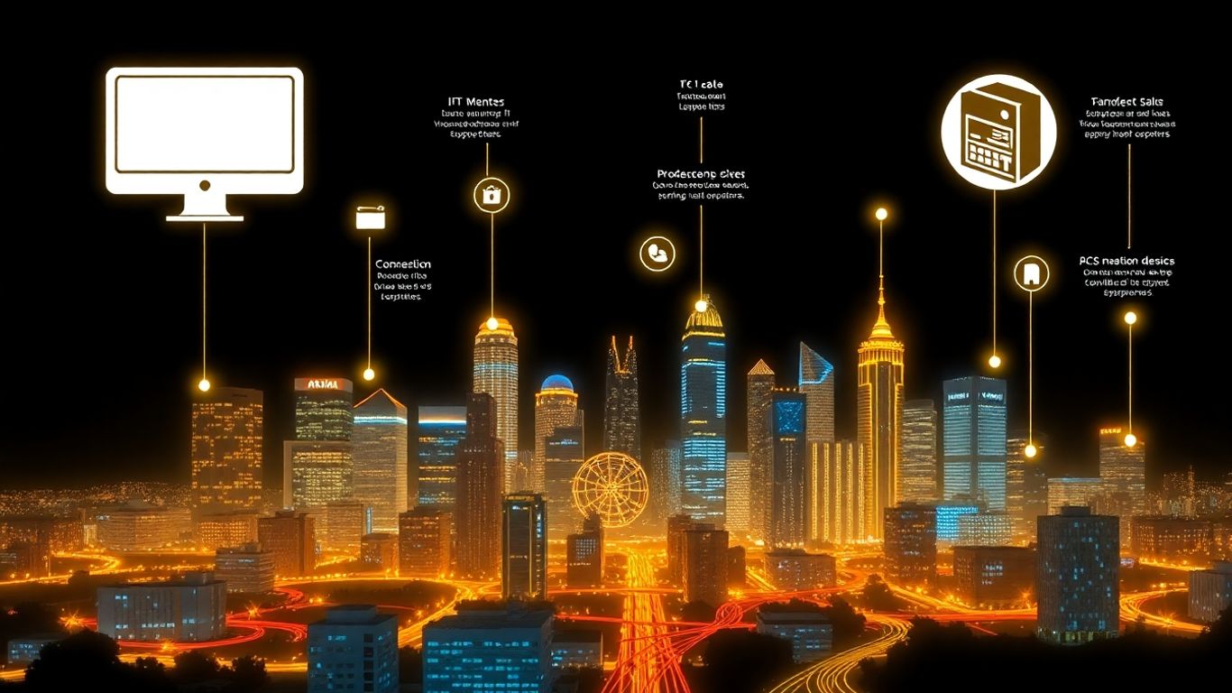 Atlanta IT support infographic with cityscape and tech icons.