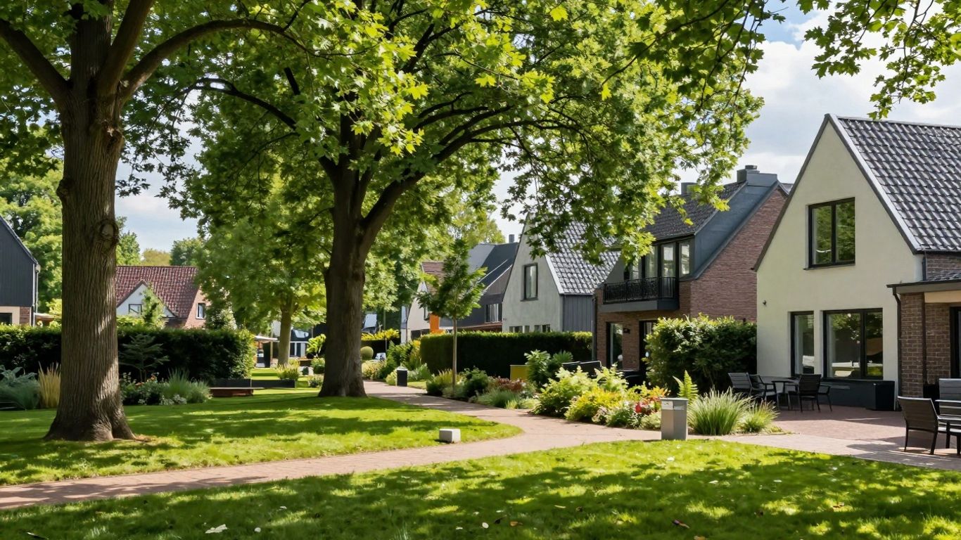 Groene woonwijk met moderne huizen en bomen.