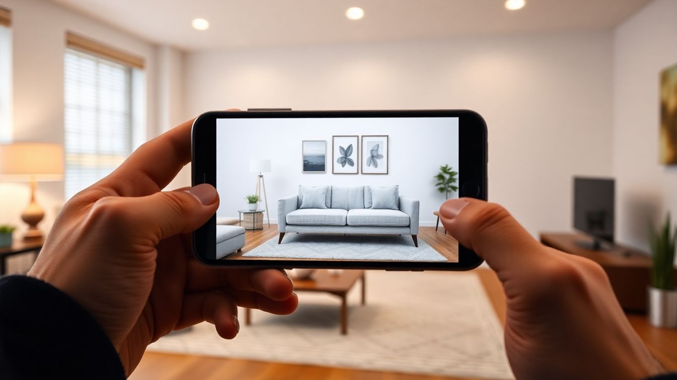 Augmented reality furniture placement in a living room via smartphone.
