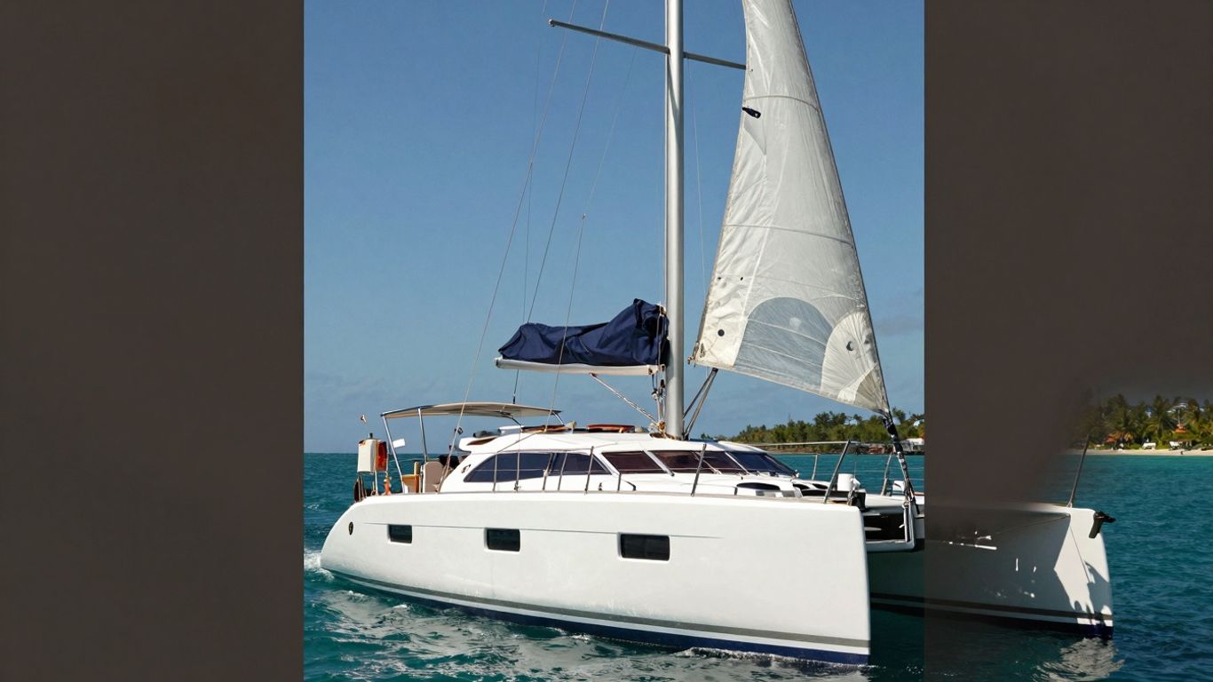 Moorings 4200 catamaran sailing on clear blue water.