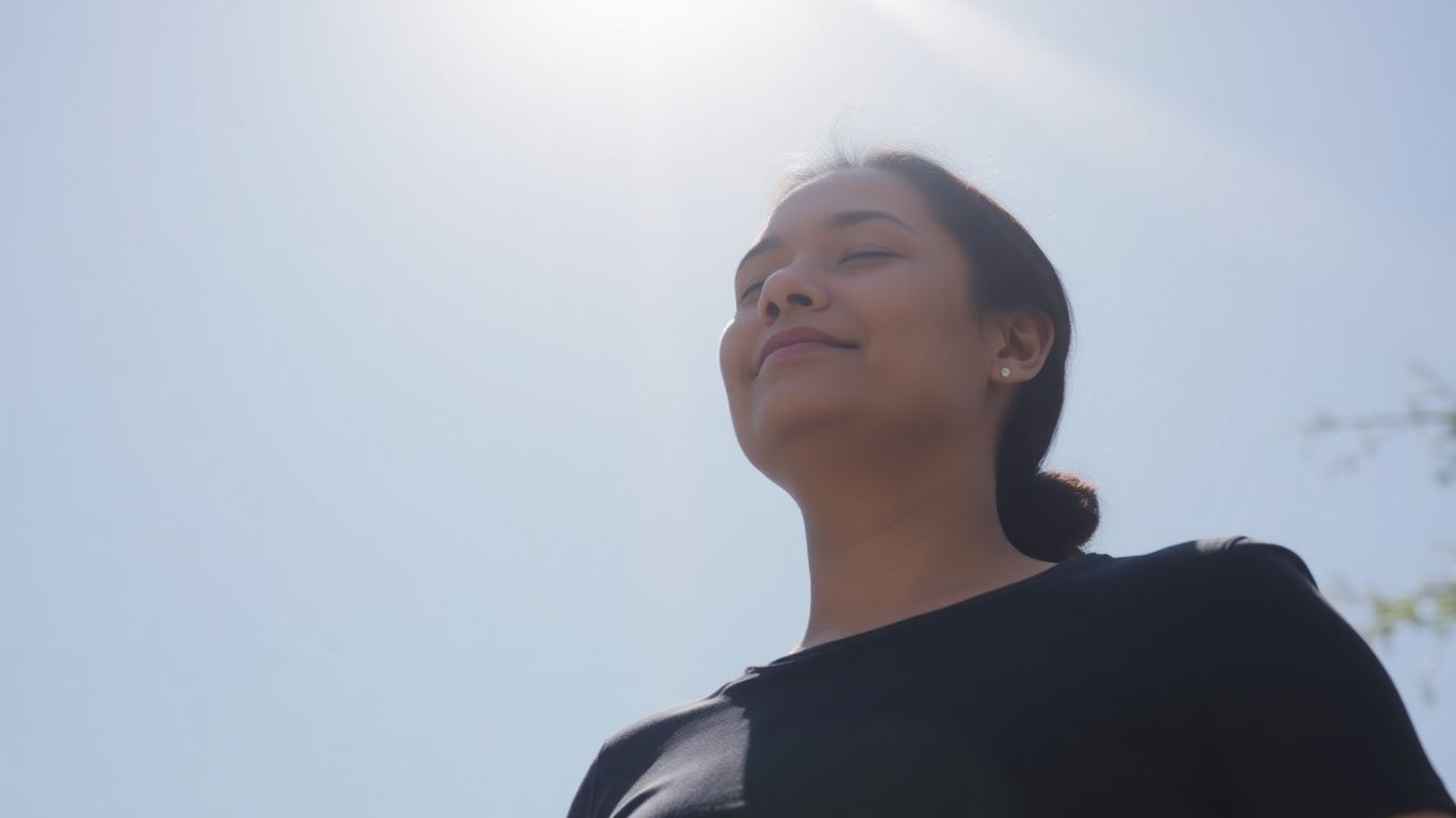 Person meditating outdoors with clear sky