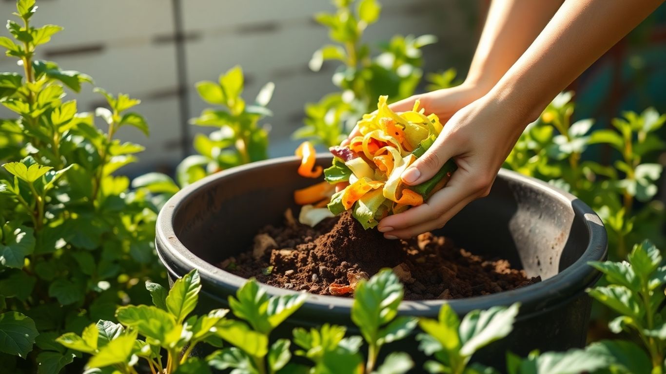 Composteira urbana com mãos adicionando restos de comida.