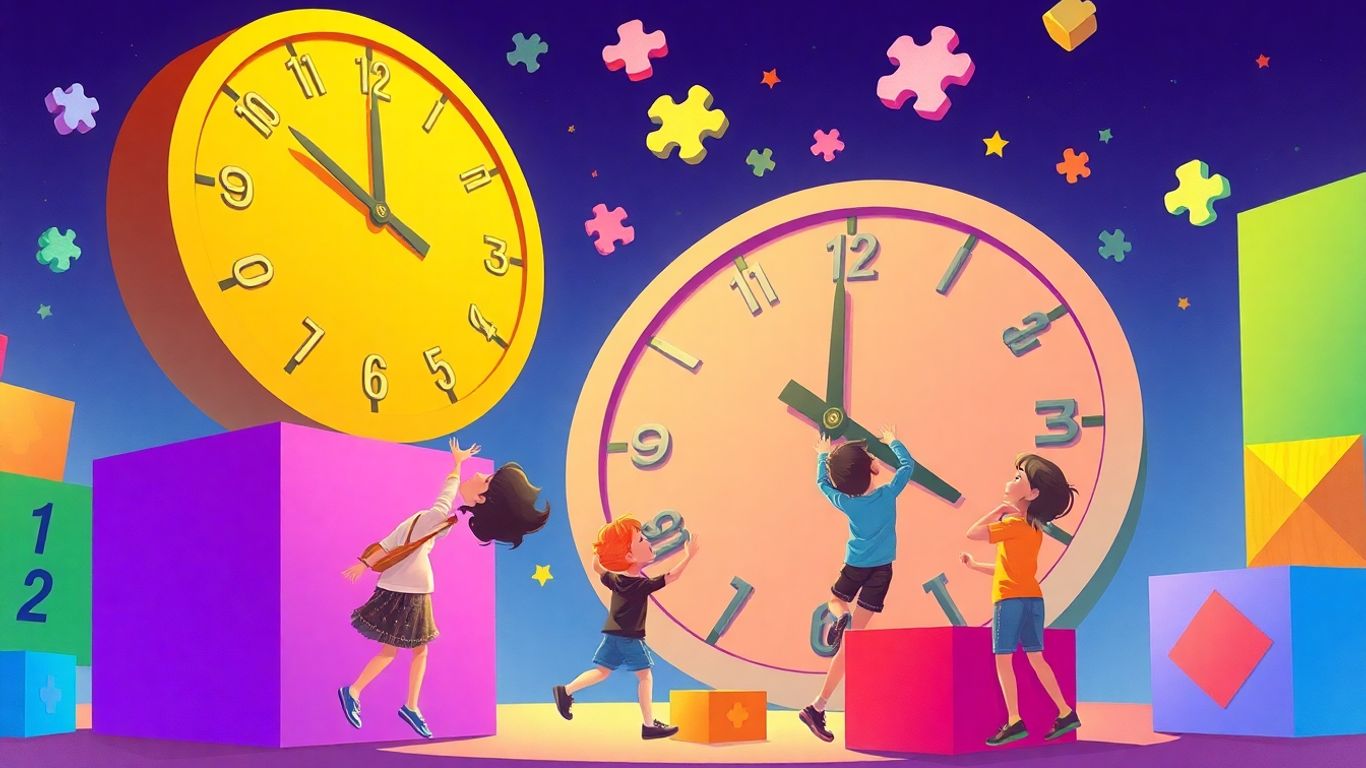 Children playing with clocks and shapes in a game-like setting.