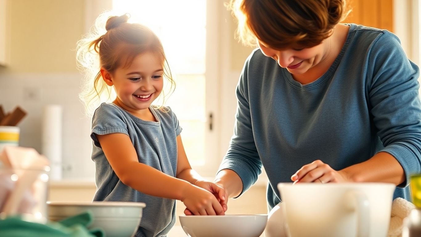 Copilul ajută la treburile casnice cu părintele.