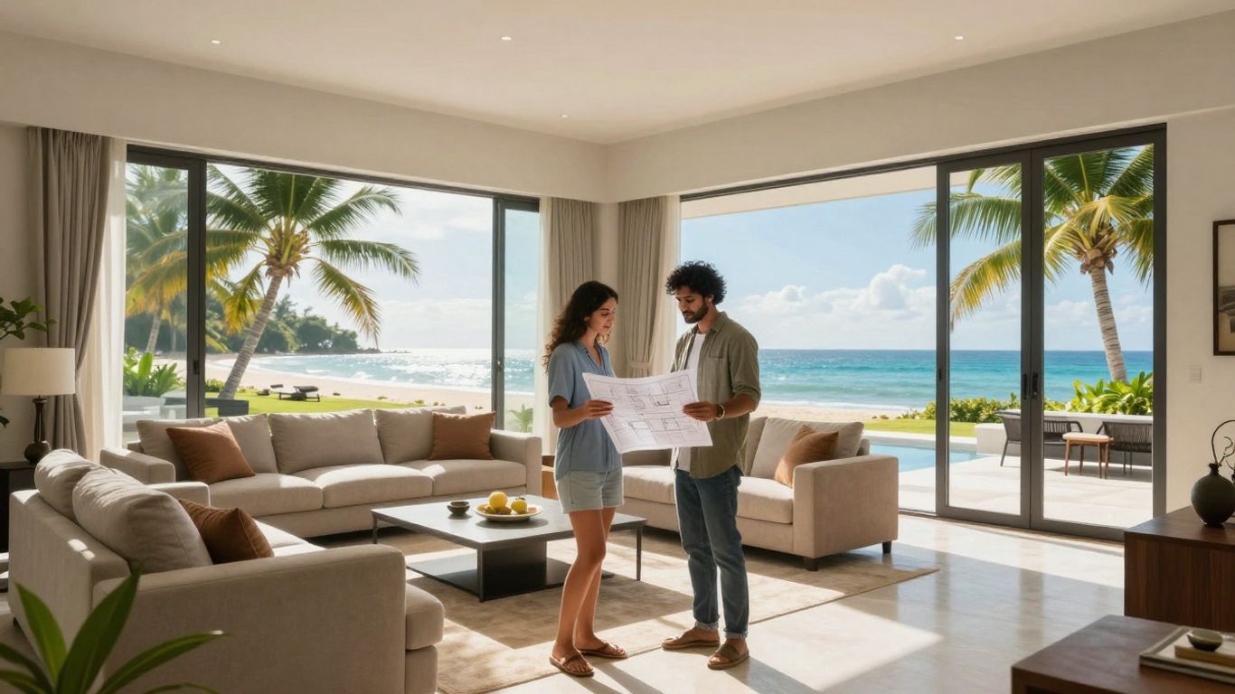 Couple looking at villa plans with tropical beach view.