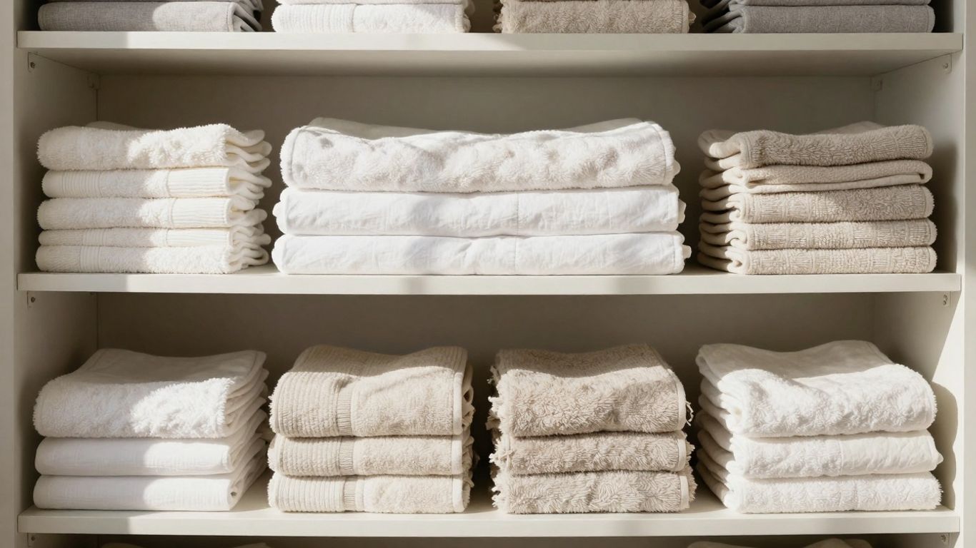 Neatly folded towels and linens in a clean closet.