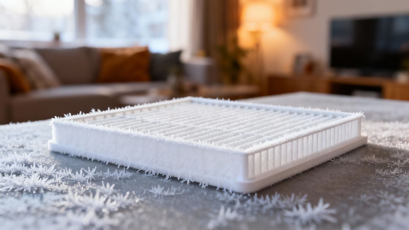Clean air filter with frost, cozy home background.
