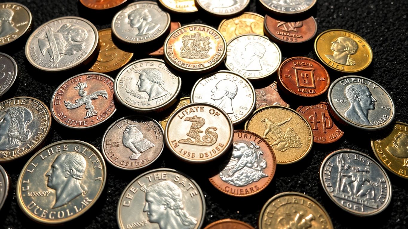 Collection of diverse coins: silver dollars, state quarters, gold coins.
