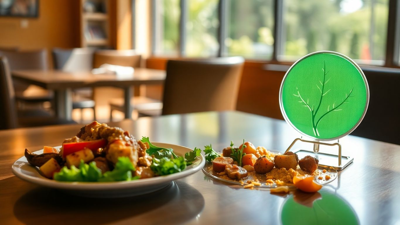 Assiette de nourriture avec un label anti-gaspi dans un restaurant.