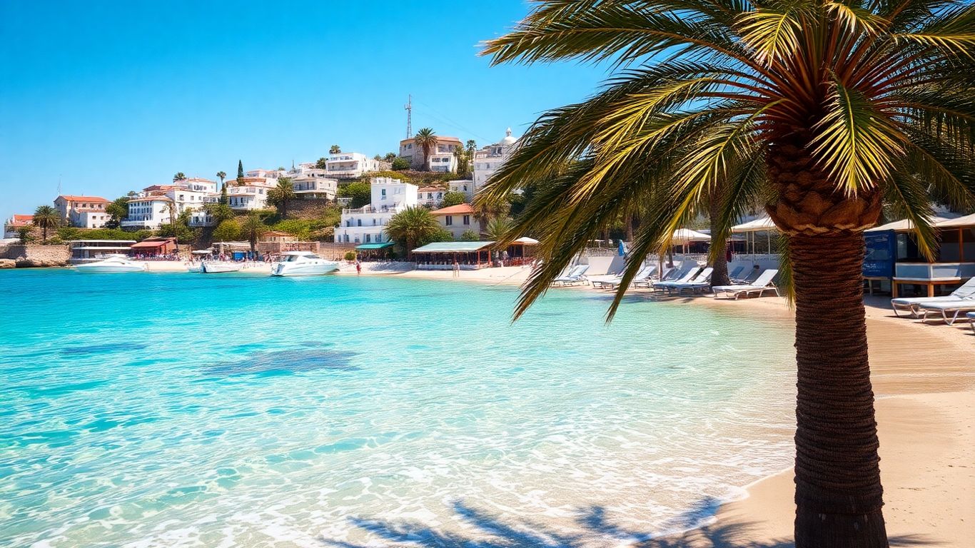 Mediterranean coast with beach and whitewashed buildings.