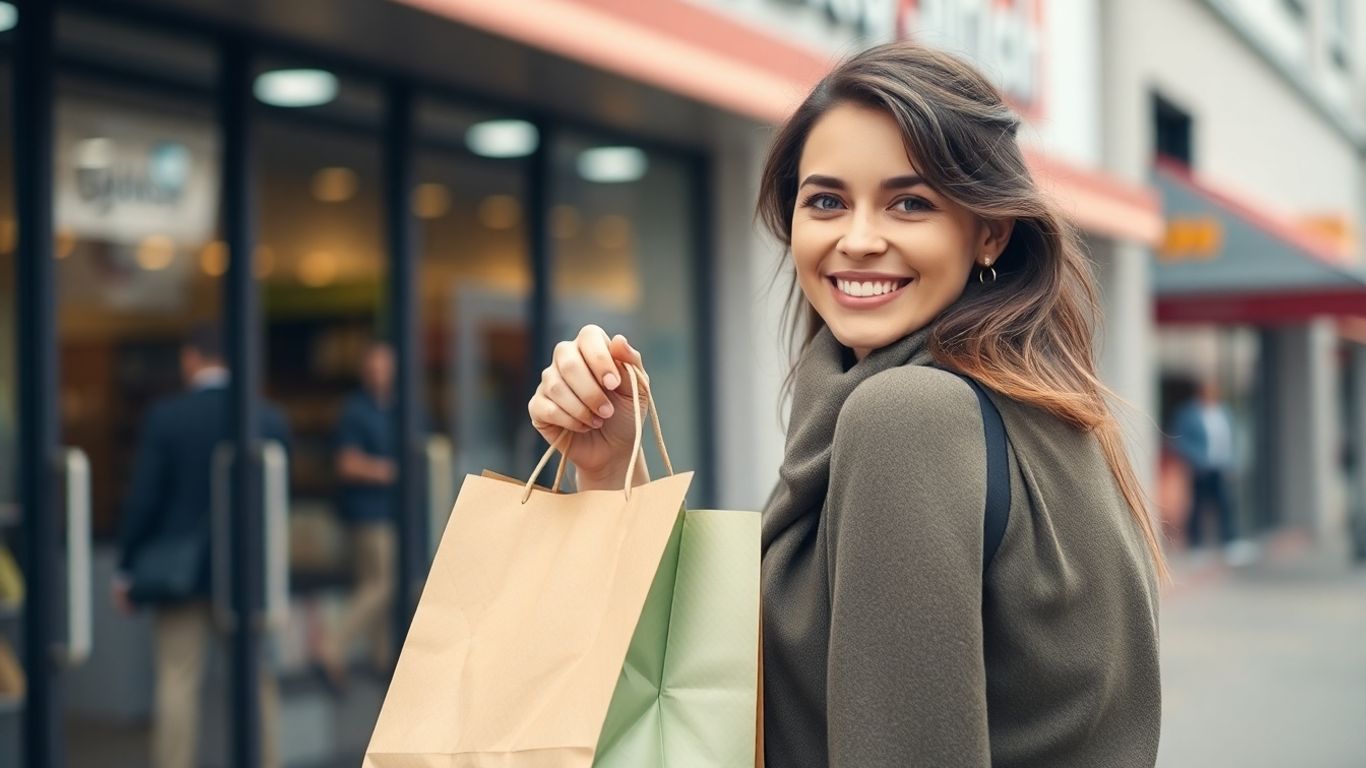 Person holding shopping bag outside store