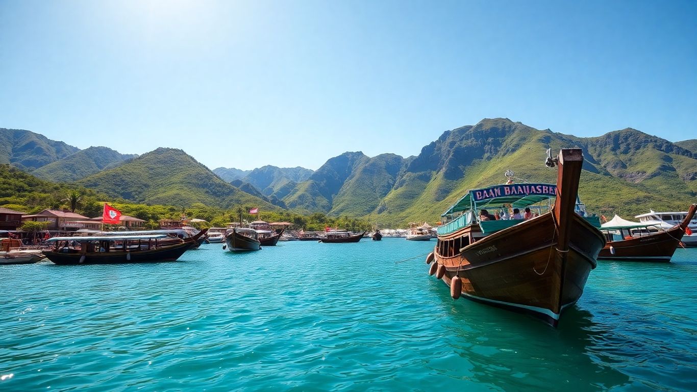 Labuan Bajo harbor with boats and green hills