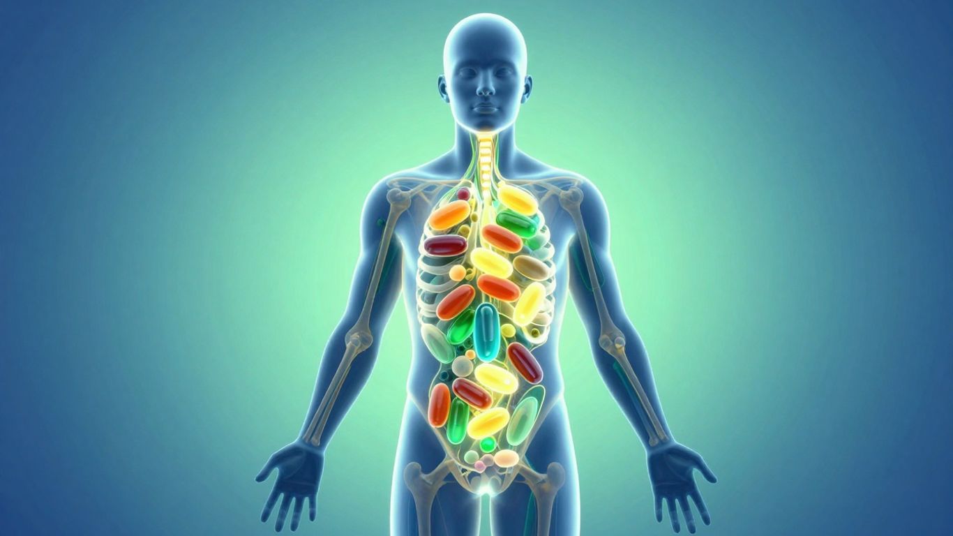 Human body with glowing essential amino acids flowing within.
