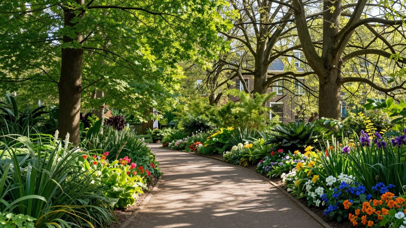 Groene pad met bloemen in Arboretum Trompenburg, Rotterdam.