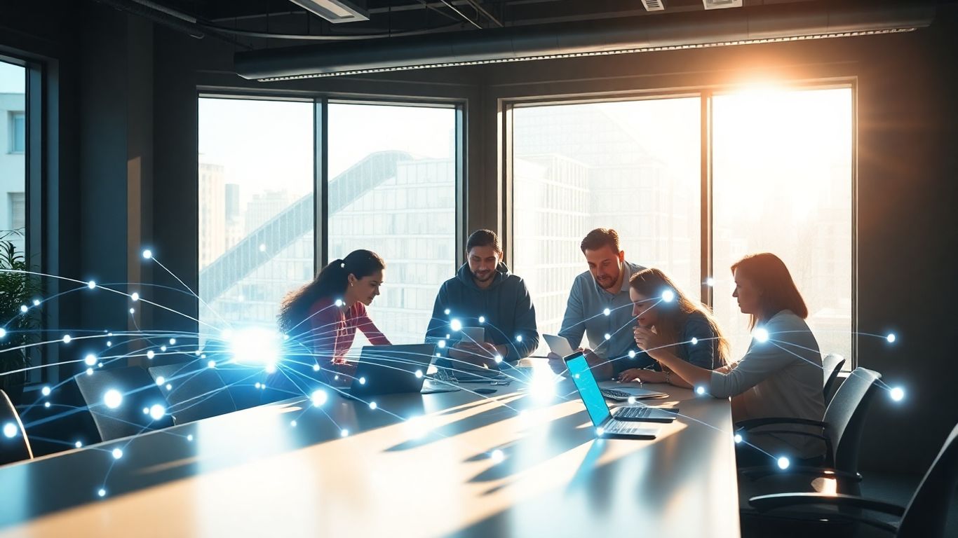 Equipo colaborando con tecnología de IA