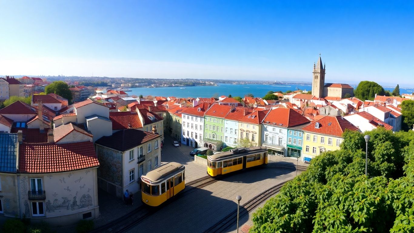 Lisbon skyline, tram, Belem Tower, and riverside in sunlight