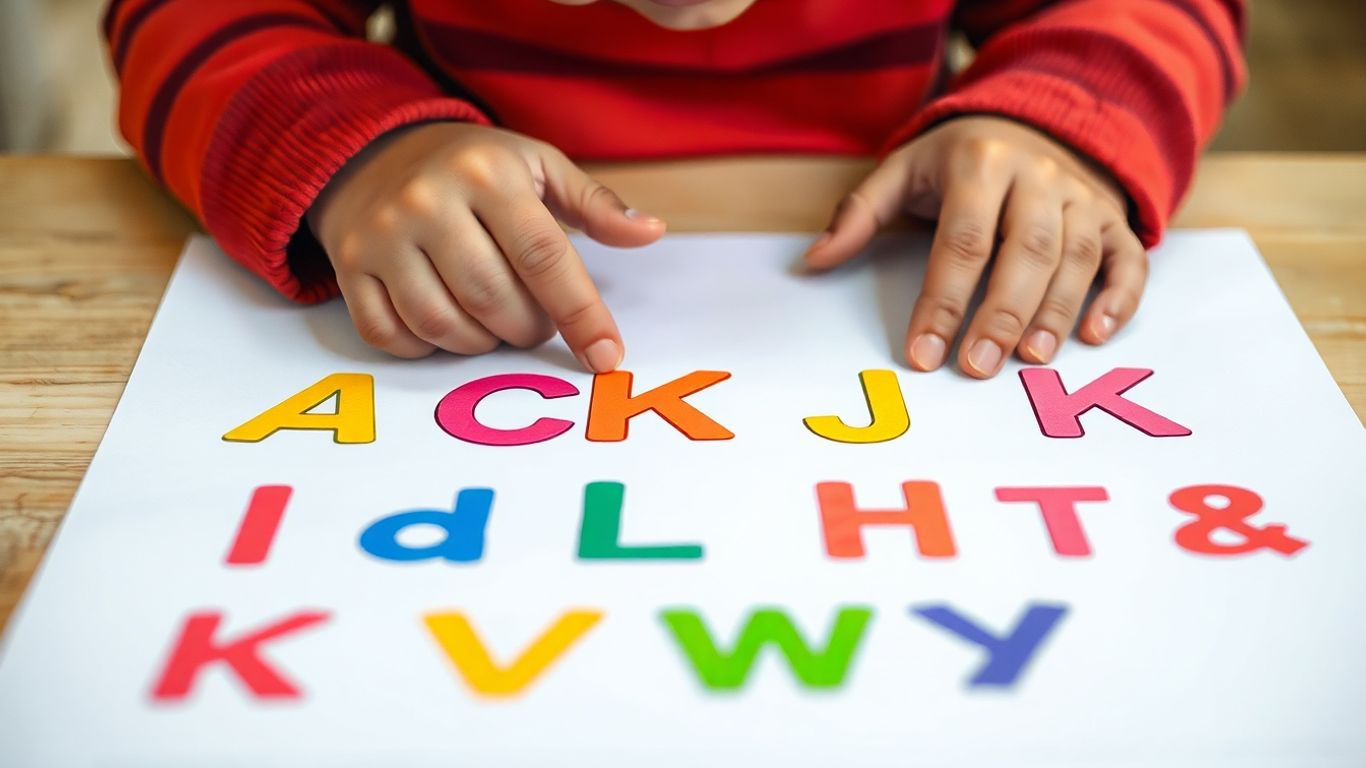 Child tracing colorful alphabet letters on a worksheet.