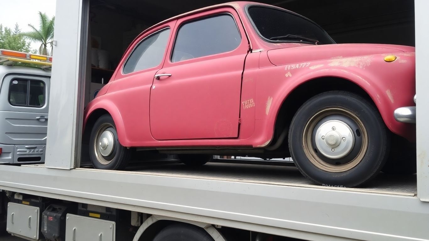 Worn Fiat car being towed by a professional truck.