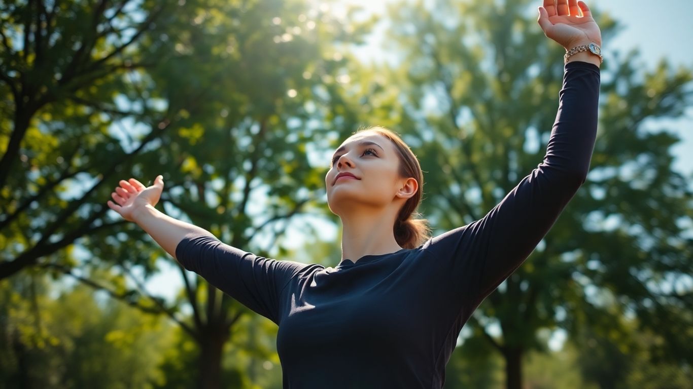 Person stretching outdoors in sunlight