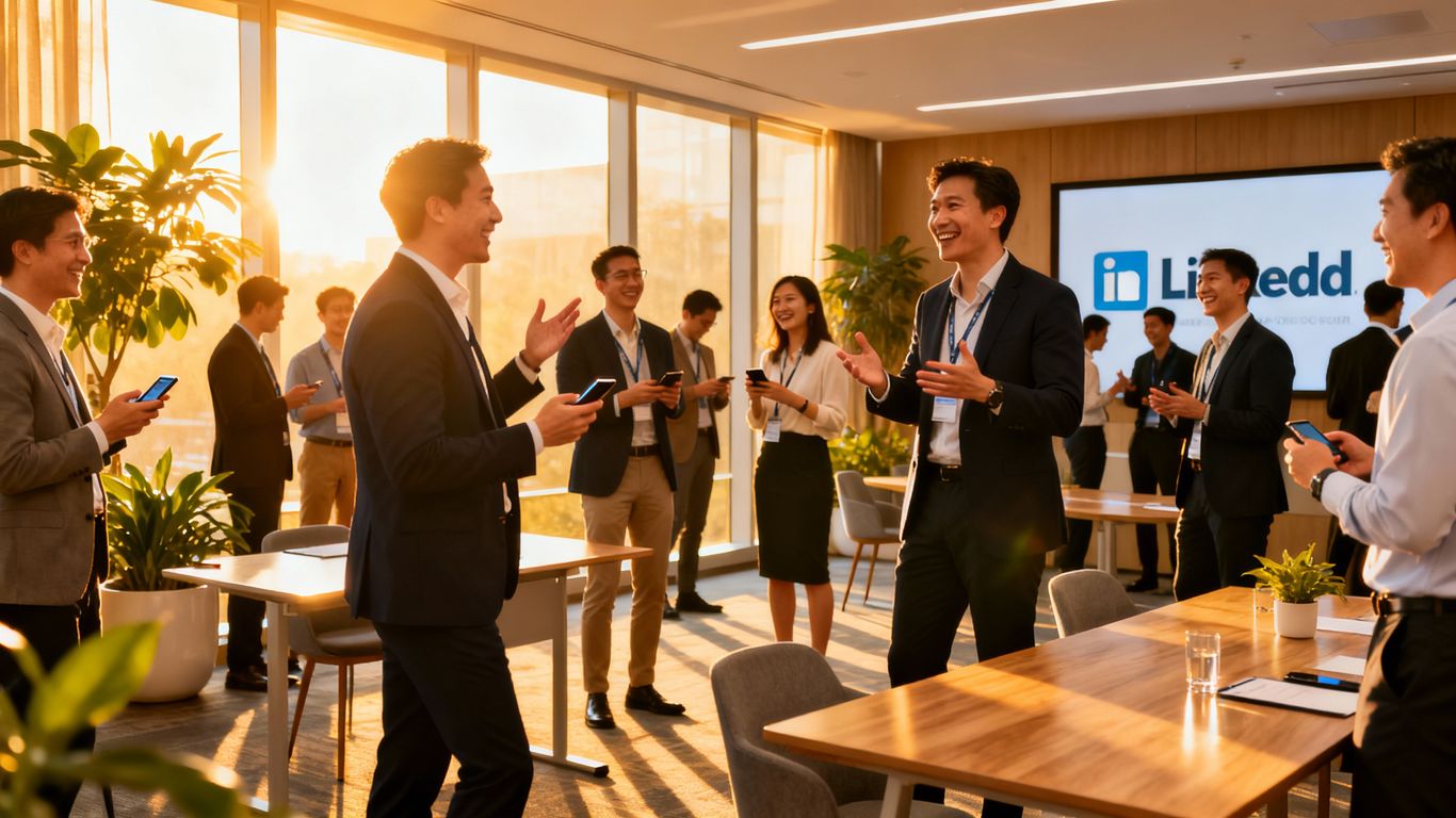 Professionals networking at a LinkedIn B2B growth event.