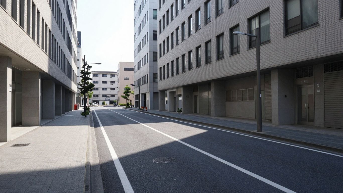 Empty Tokyo office buildings and deserted streets.