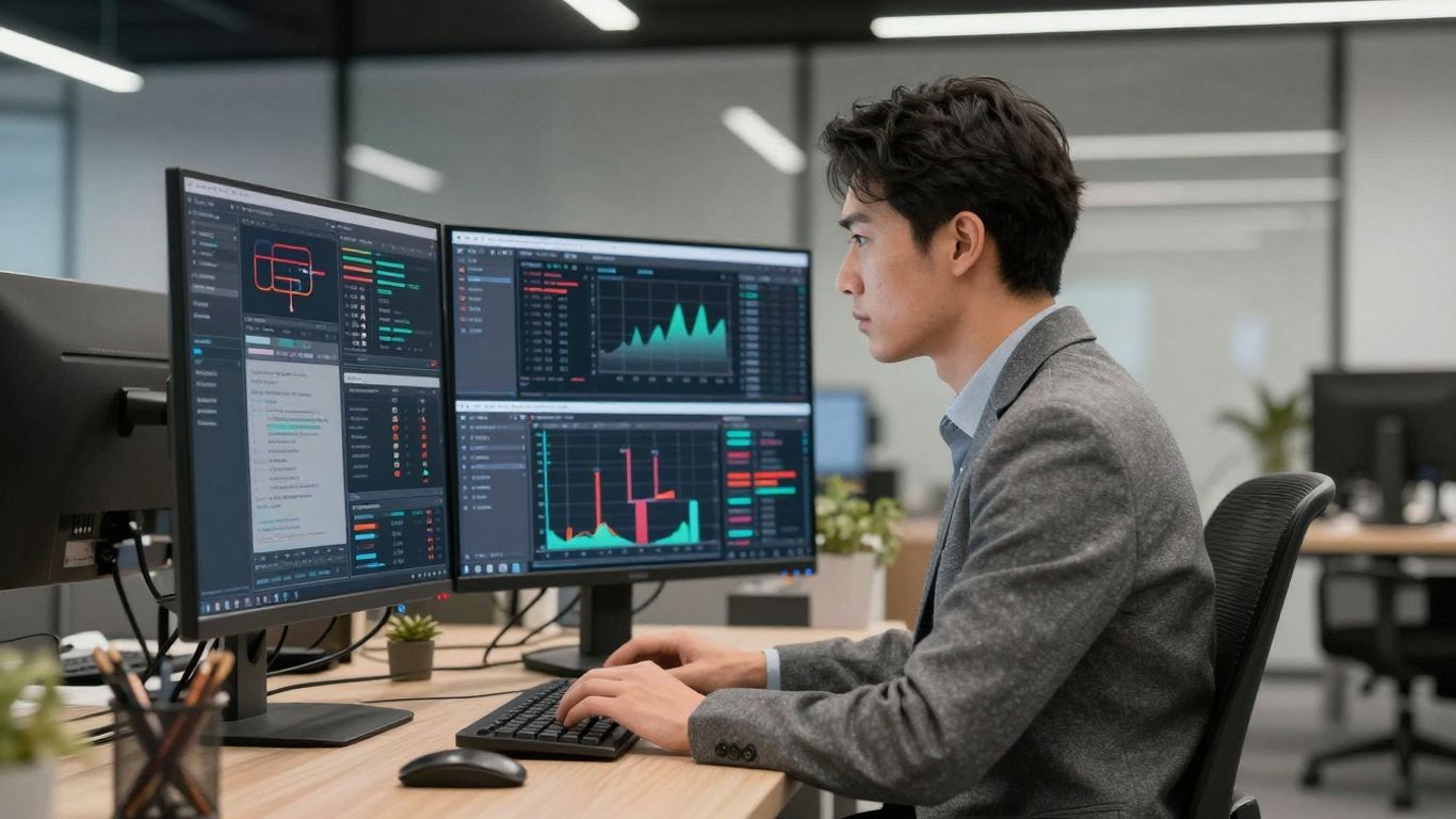 Profesional trabajando eficientemente en una computadora.