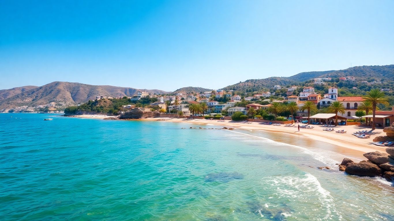 Sunny Mediterranean coast with beaches and palm trees.