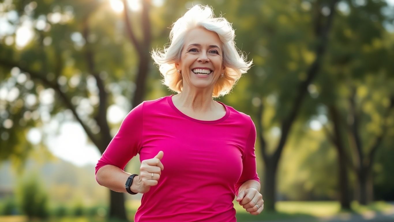 Mulher ativa acima de 40 anos se exercitando ao ar livre.