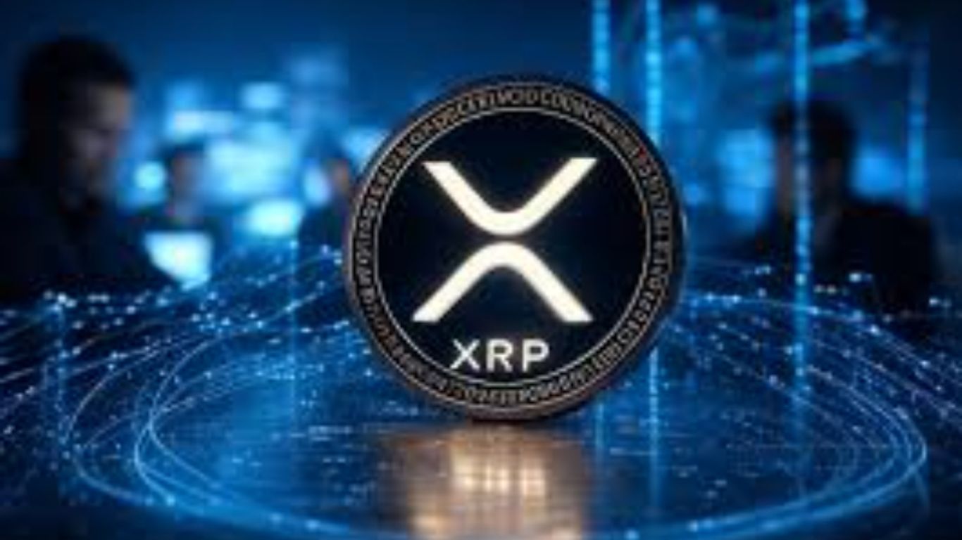 XRP cryptocurrency logo displayed against a digital background.