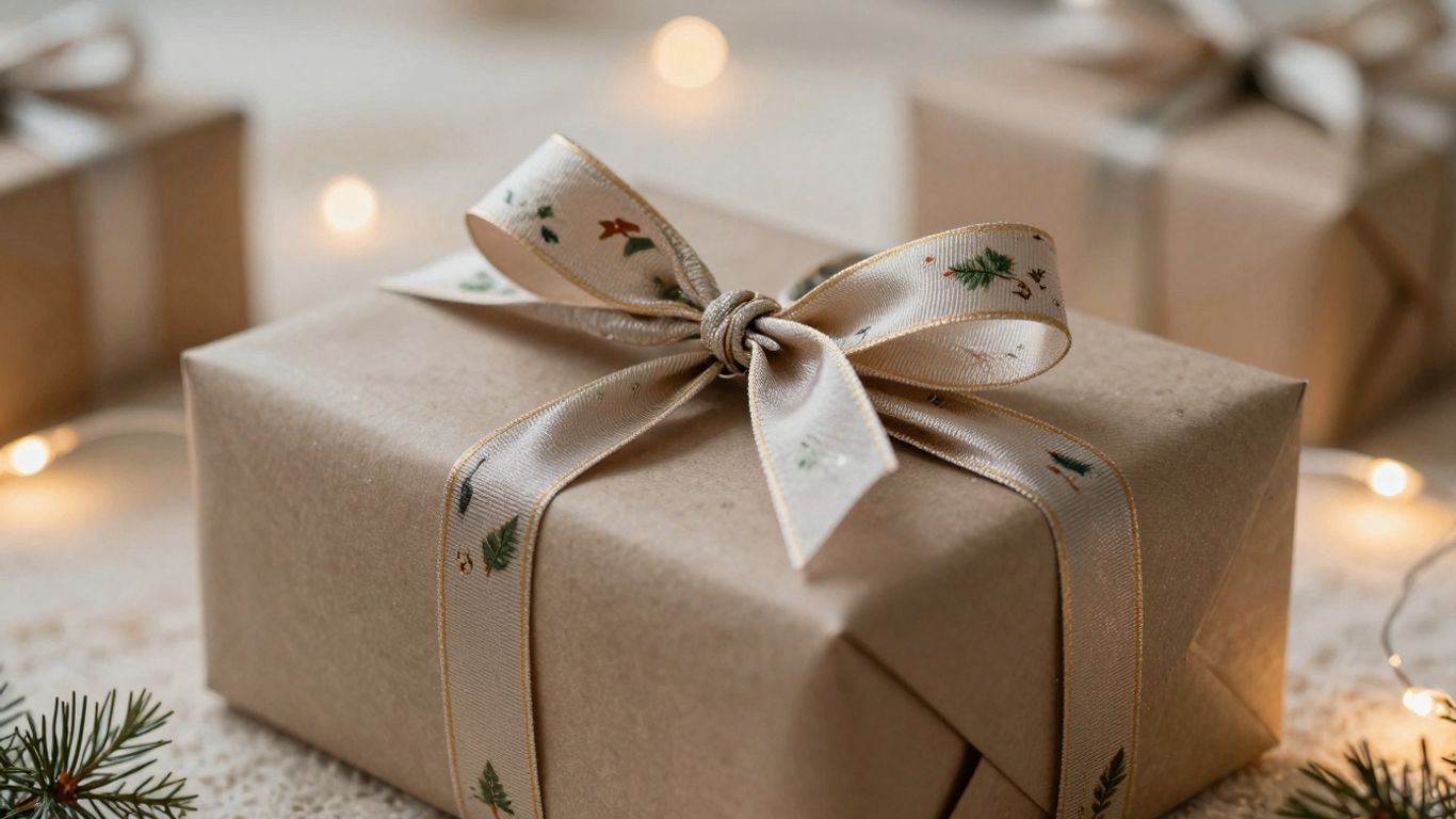 Christmas gift box for mom with festive ribbon.