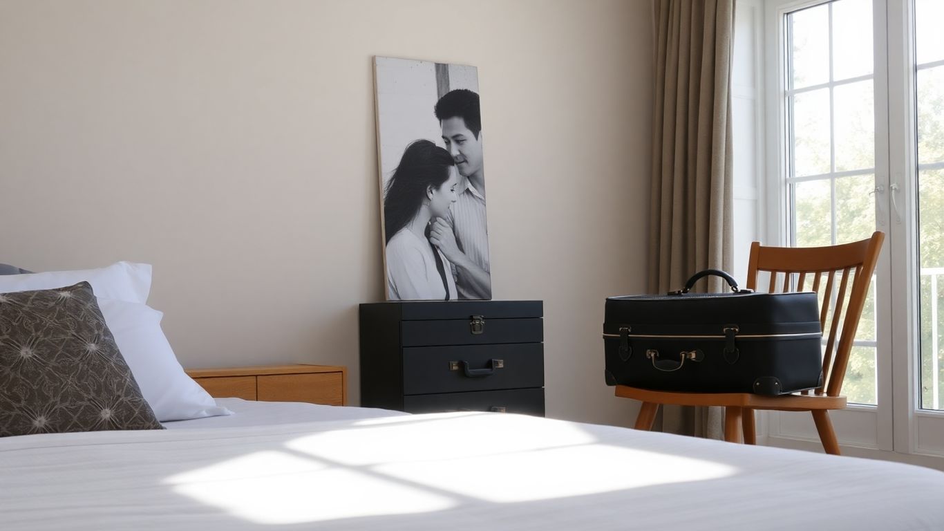 Cozy Airbnb room with suitcase and sunlight.