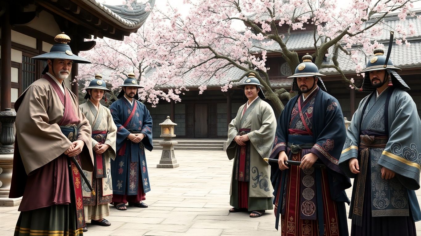 Medieval Japanese nobles and samurai in traditional attire