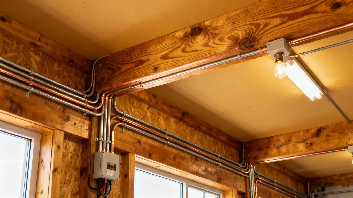 Electrical wiring and conduits in a pole building.