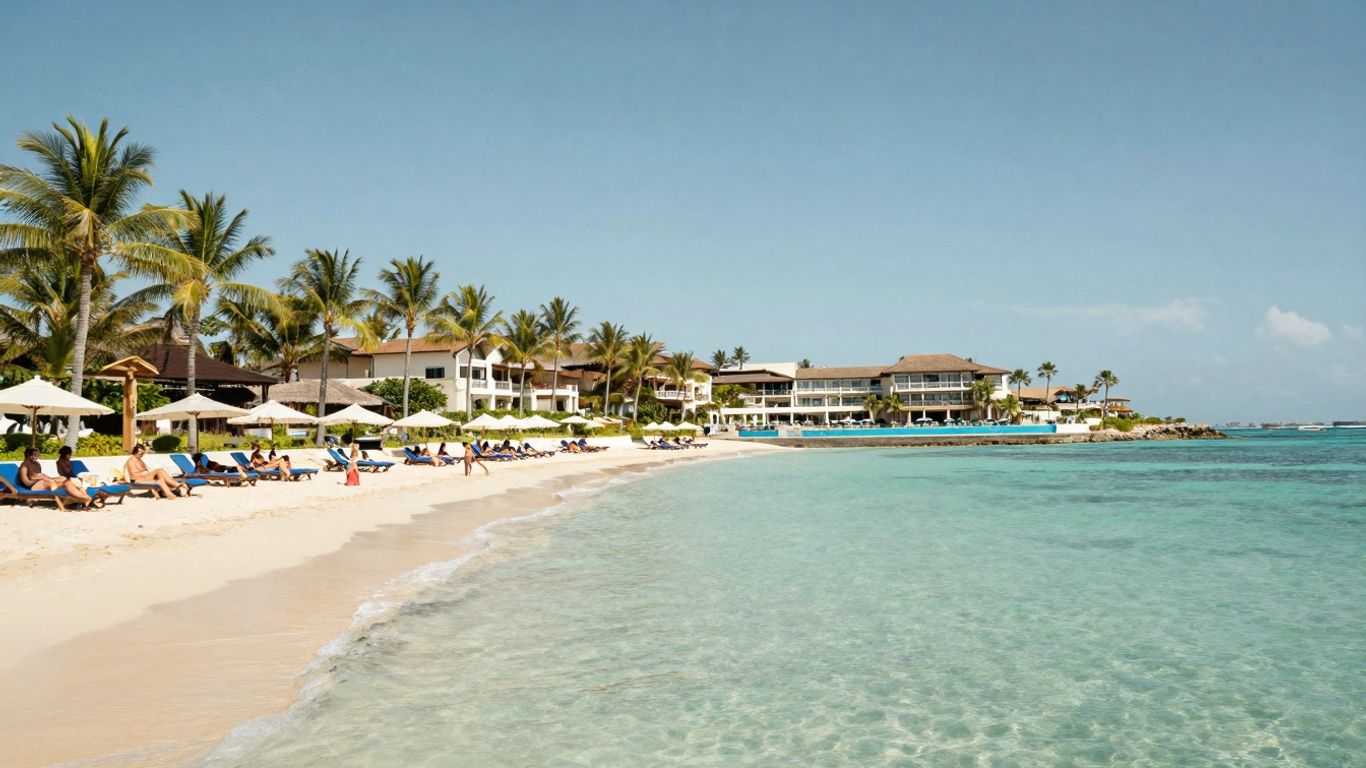 Beach with resort and people relaxing