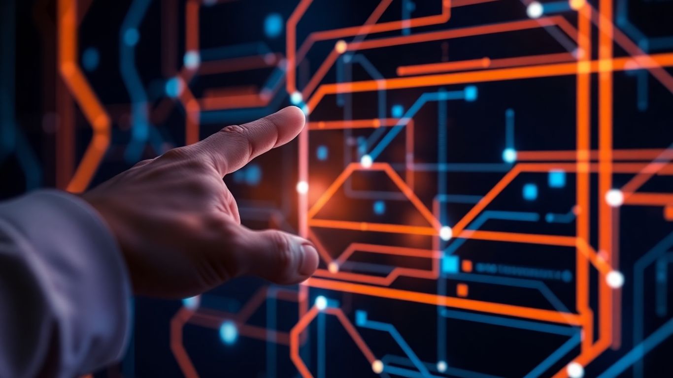Chatbot interface with human hand interacting digitally.