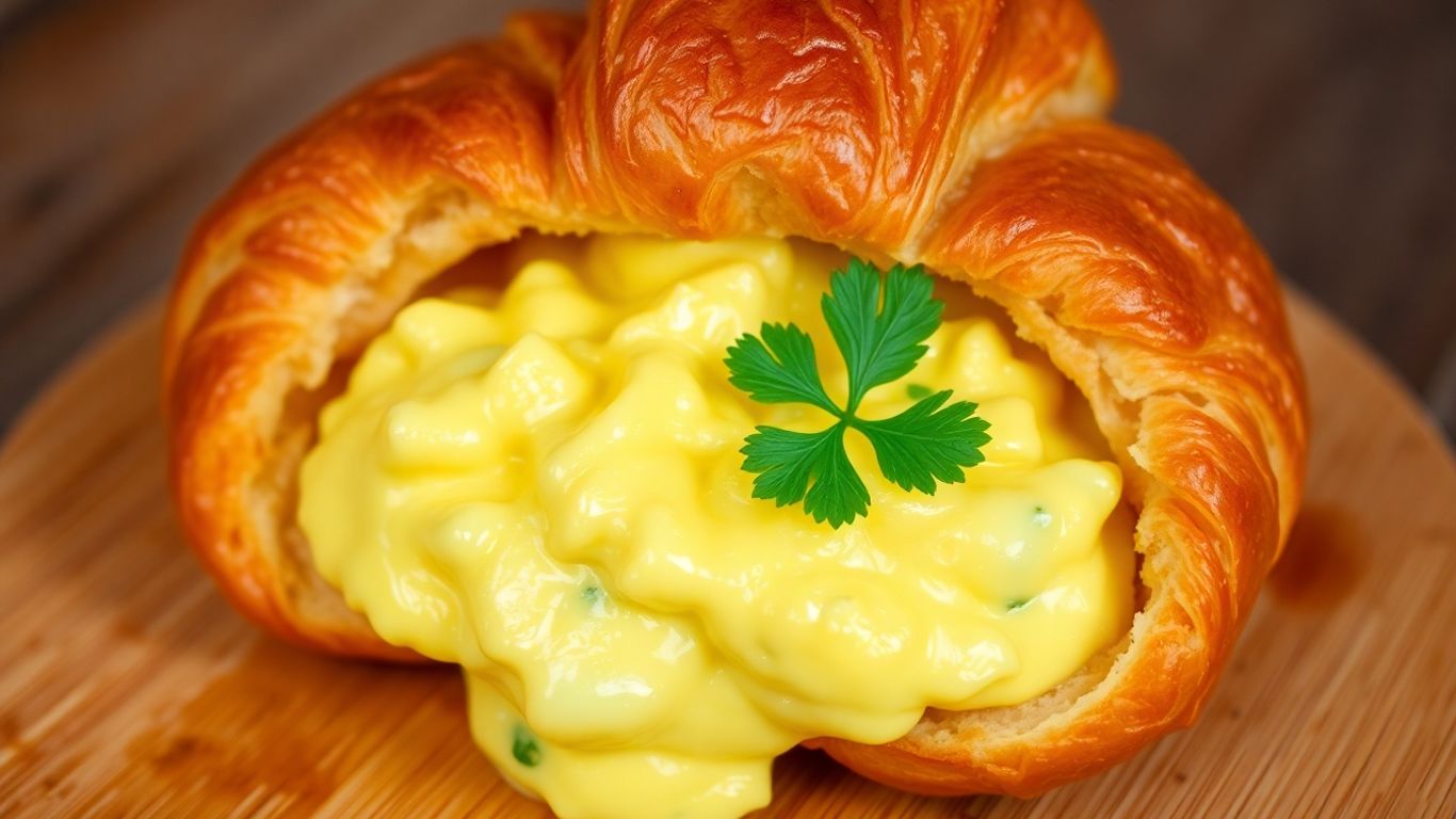 Scrambled eggs inside a flaky croissant with parsley.