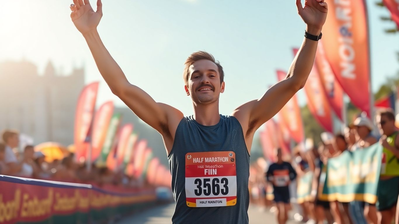 Runner crossing half marathon finish line with arms raised.
