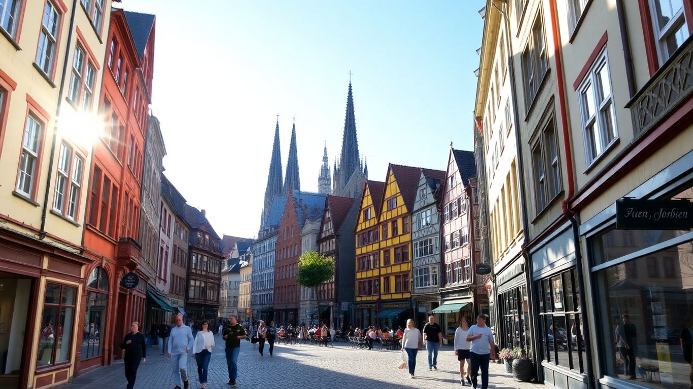 Historische Gebäude in Köln Altstadt-Nord mit Dom im Hintergrund.