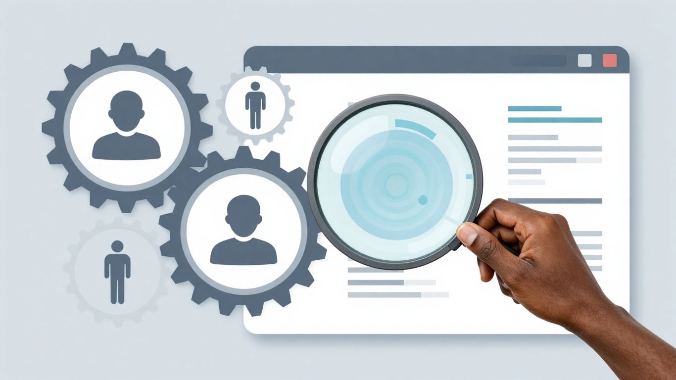 Infographic illustrating recruitment VMS process with gears and figures.