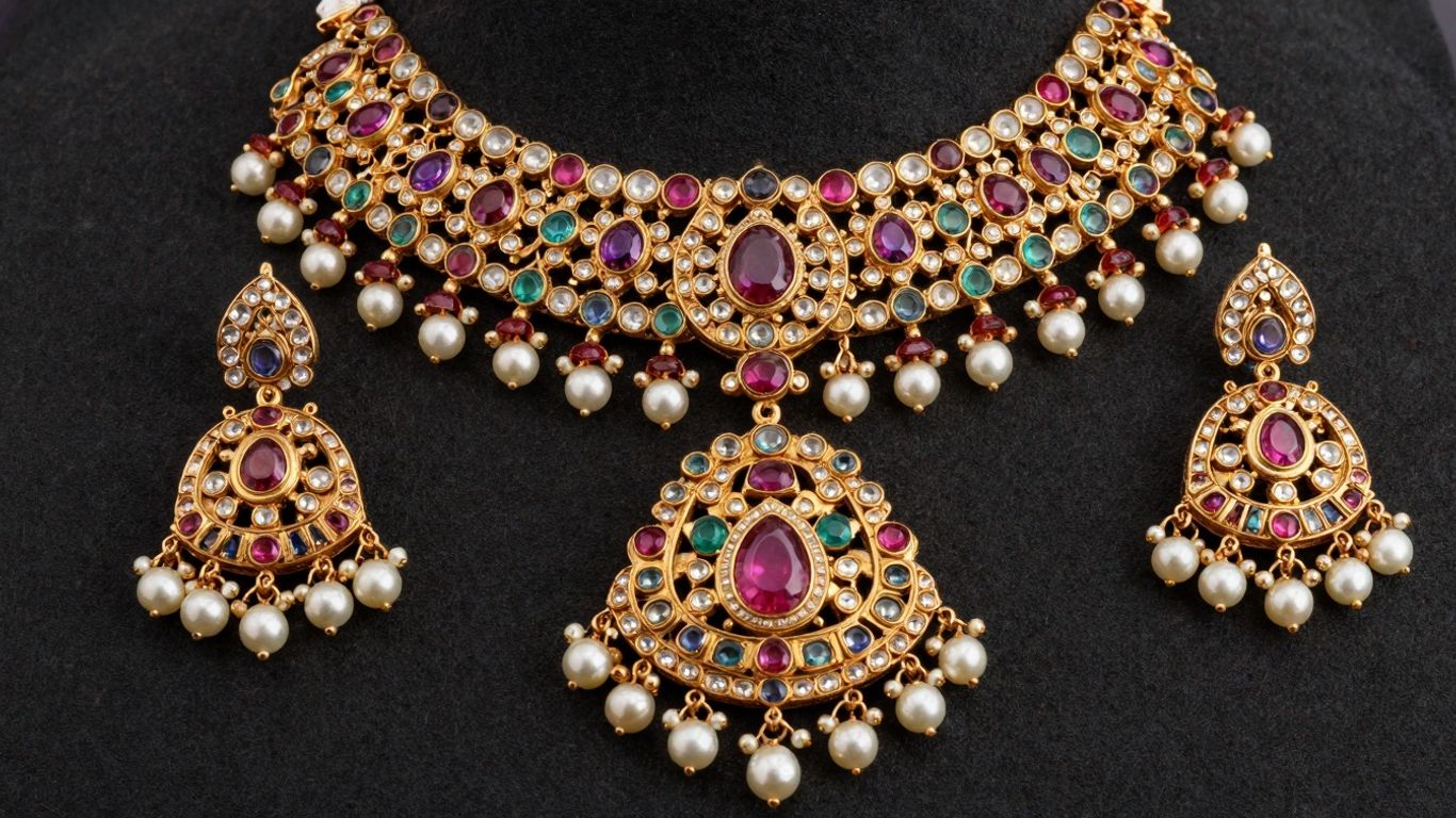 Kundan necklace set with gemstones and pearls.