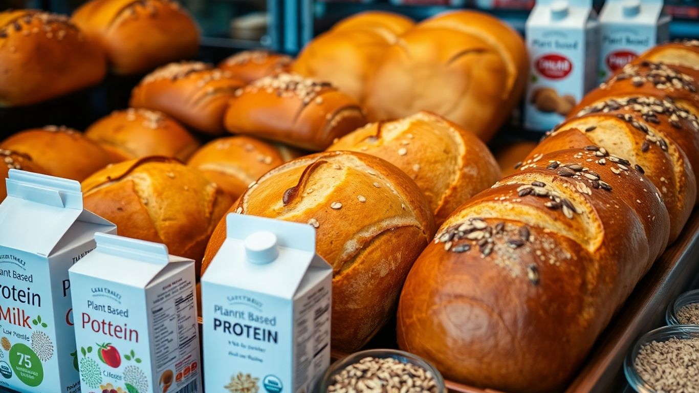 Brot, Gebäck, pflanzliche Milch und Backzutaten im Regal.