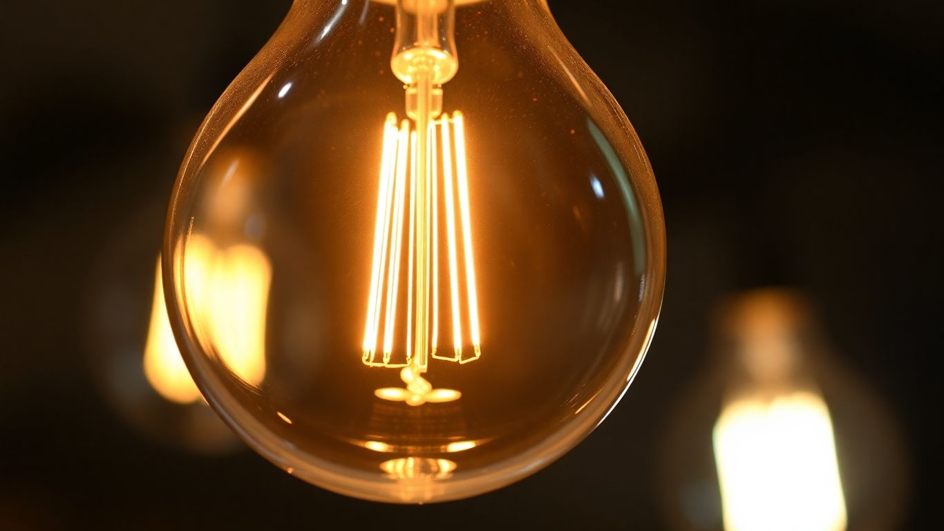 LED filament bulb glowing warmly, close-up photographic view.