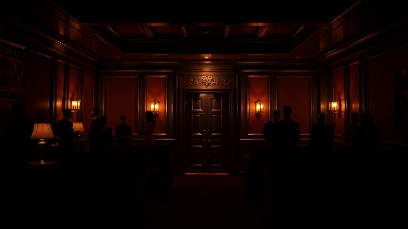 Exclusive VIP club interior with elegant patrons and a discreet entrance.