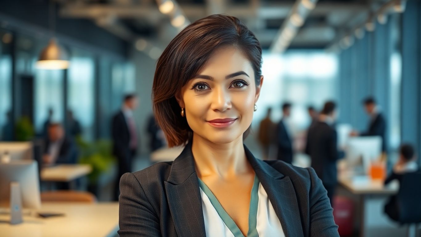 Successful businesswoman in professional attire, confident pose.
